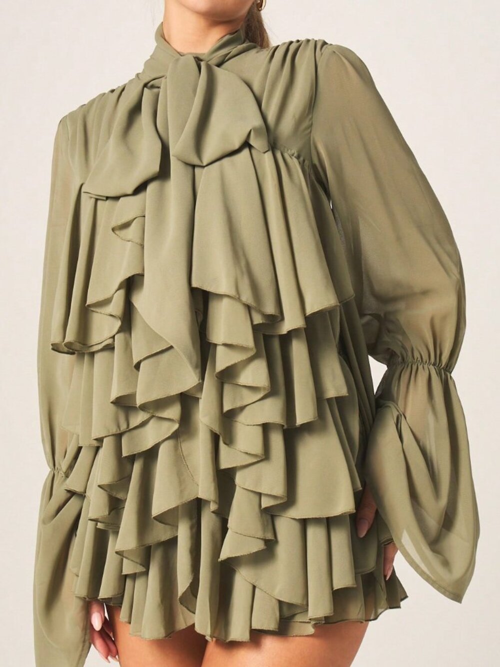 Olive Green Elegant Women's Chiffon Dress with Balloon Sleeves - Picture 5 of 6
